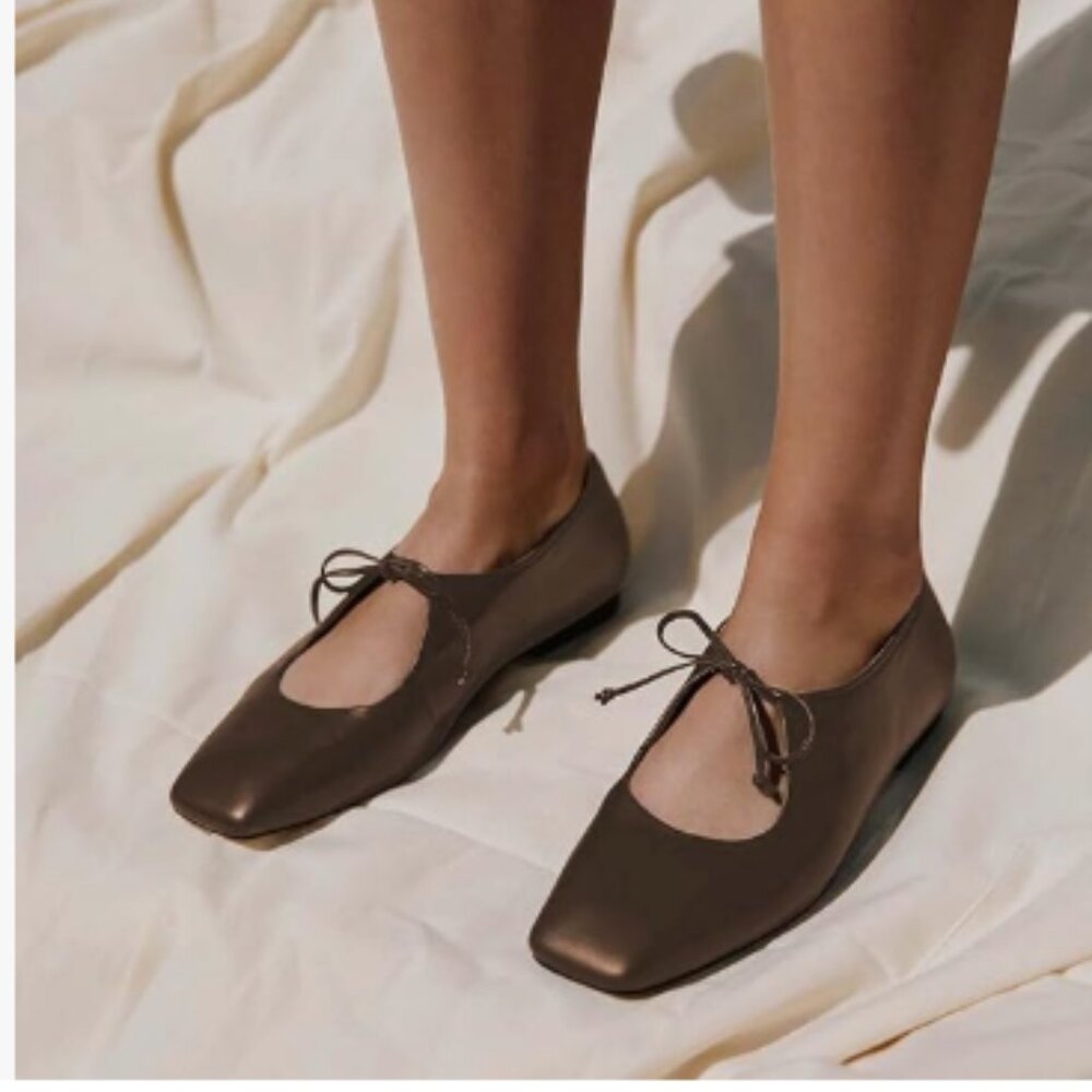 Pazzion Brown Leather Bowtie Square Toe Mary Jane Slip On Cutout Ballet Flat